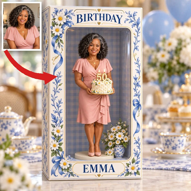 Personalized Custom Photo Blue Daisy Figurine in Acrylic Display Box - 50th Birthday Gift for Women