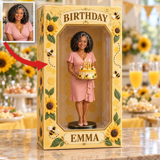Personalisierte Foto Sonnenblume Bienenfigur im Acryl Displaybox - 50. Geburtstagsgeschenk für Frauen