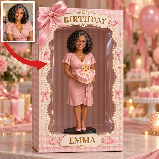 Personalisierte Fotofigur mit pinkem Schleifenmotiv in Acryl-Displaybox - 50. Geburtstagsgeschenk für Frauen