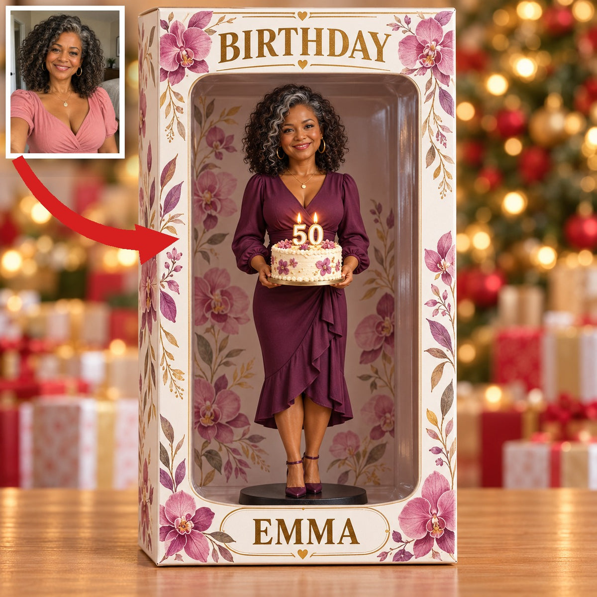 Personalisierte Foto-Orchideenfigur Vitrine - 50. Geburtstagsgeschenk für Frauen