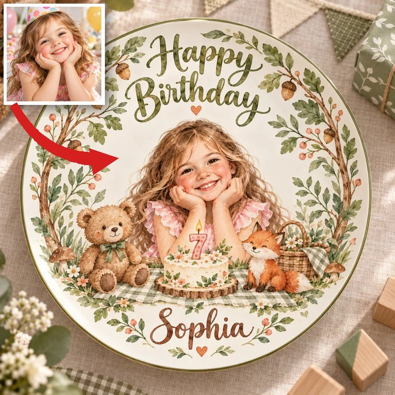 Personalized Birthday Ceramic Round Plate - Woodland Watercolor Portrait Gift