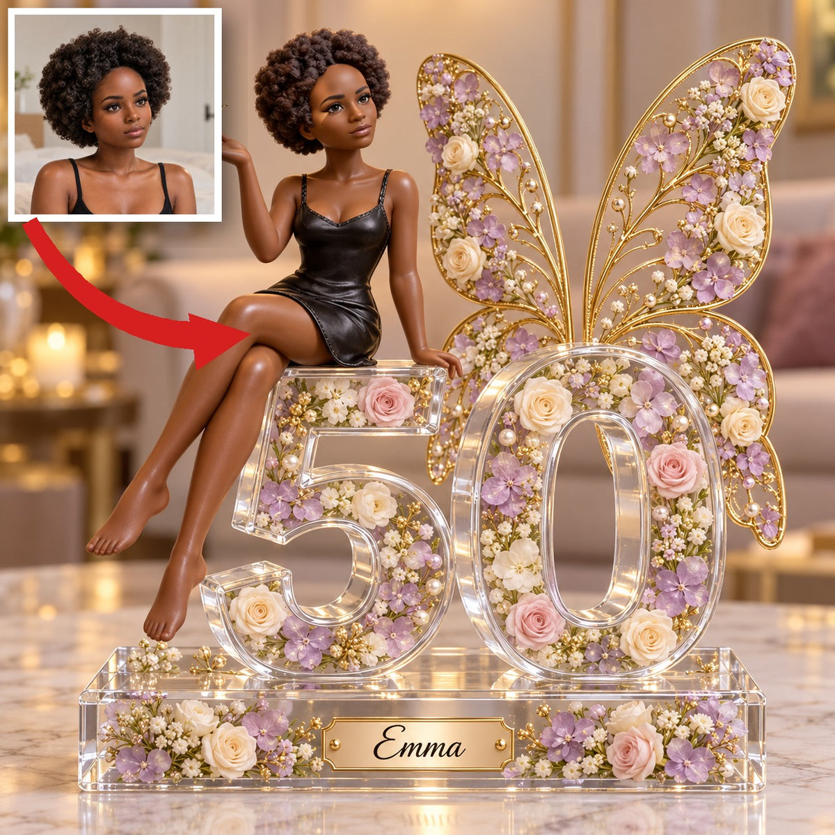 Personalized Custom Photo Butterfly Acrylic Number Figurine Display - 50th Birthday Gift for Women