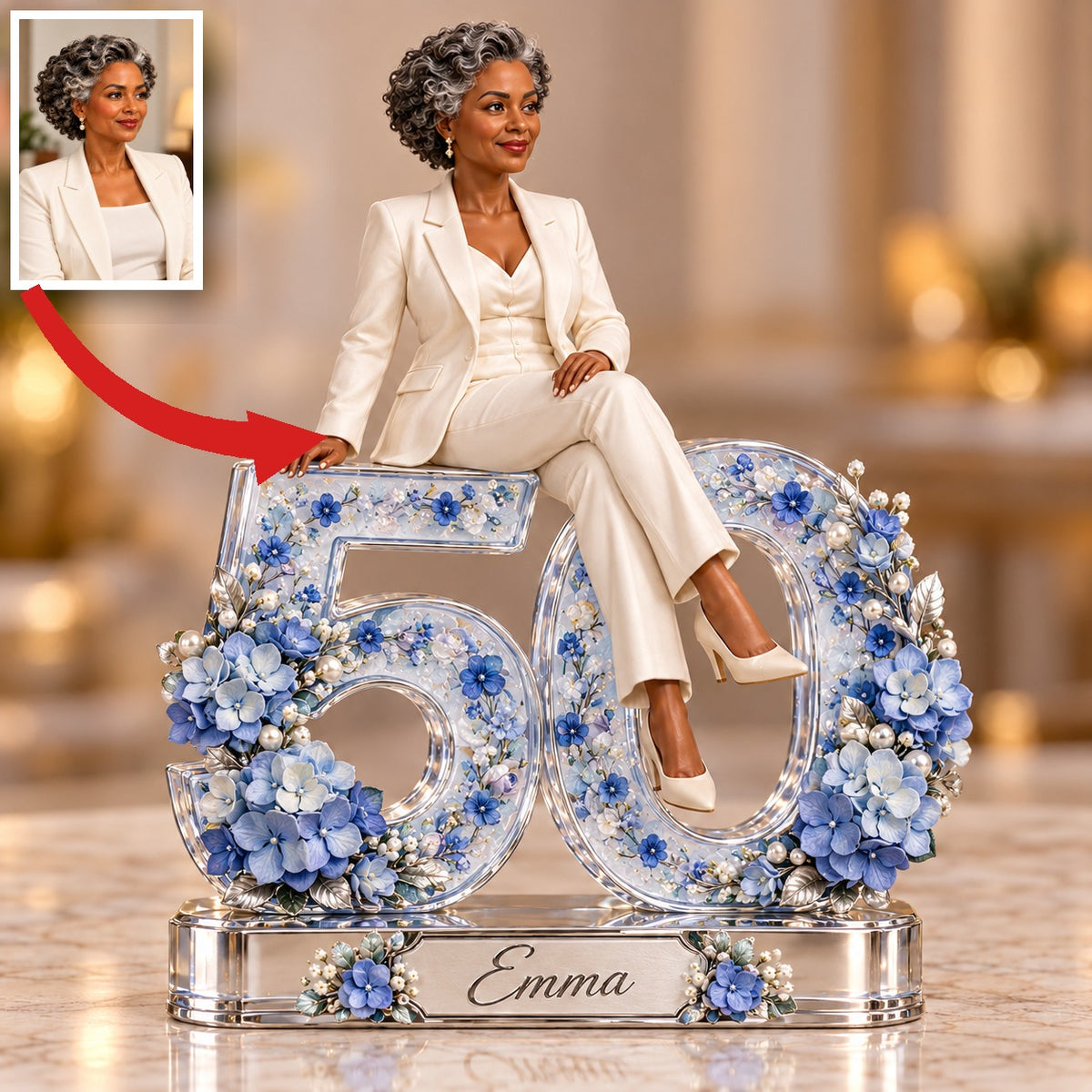 Personalized Custom Photo Blue Hydrangea Custom Shaped Acrylic Plaque - 50th Birthday Gift for Women