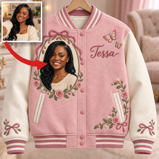 Personalized Rose Bow Varsity Jacket - Women's Embroidered Portrait and Name