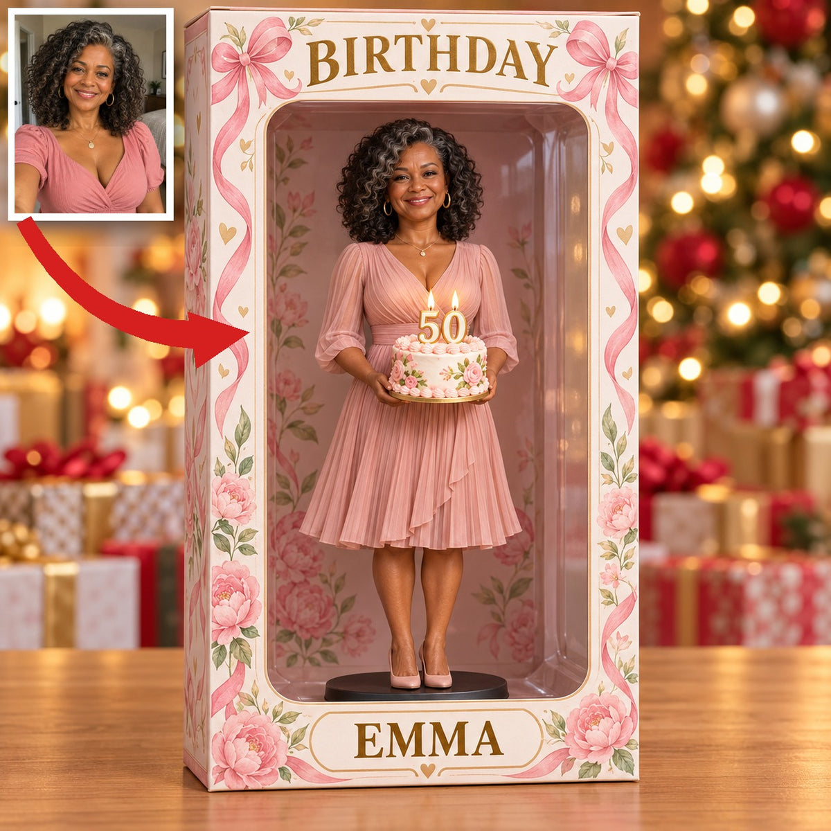 Personalized Custom Photo Pink Ribbon Figurine Display Box - 50th Birthday Gift for Women