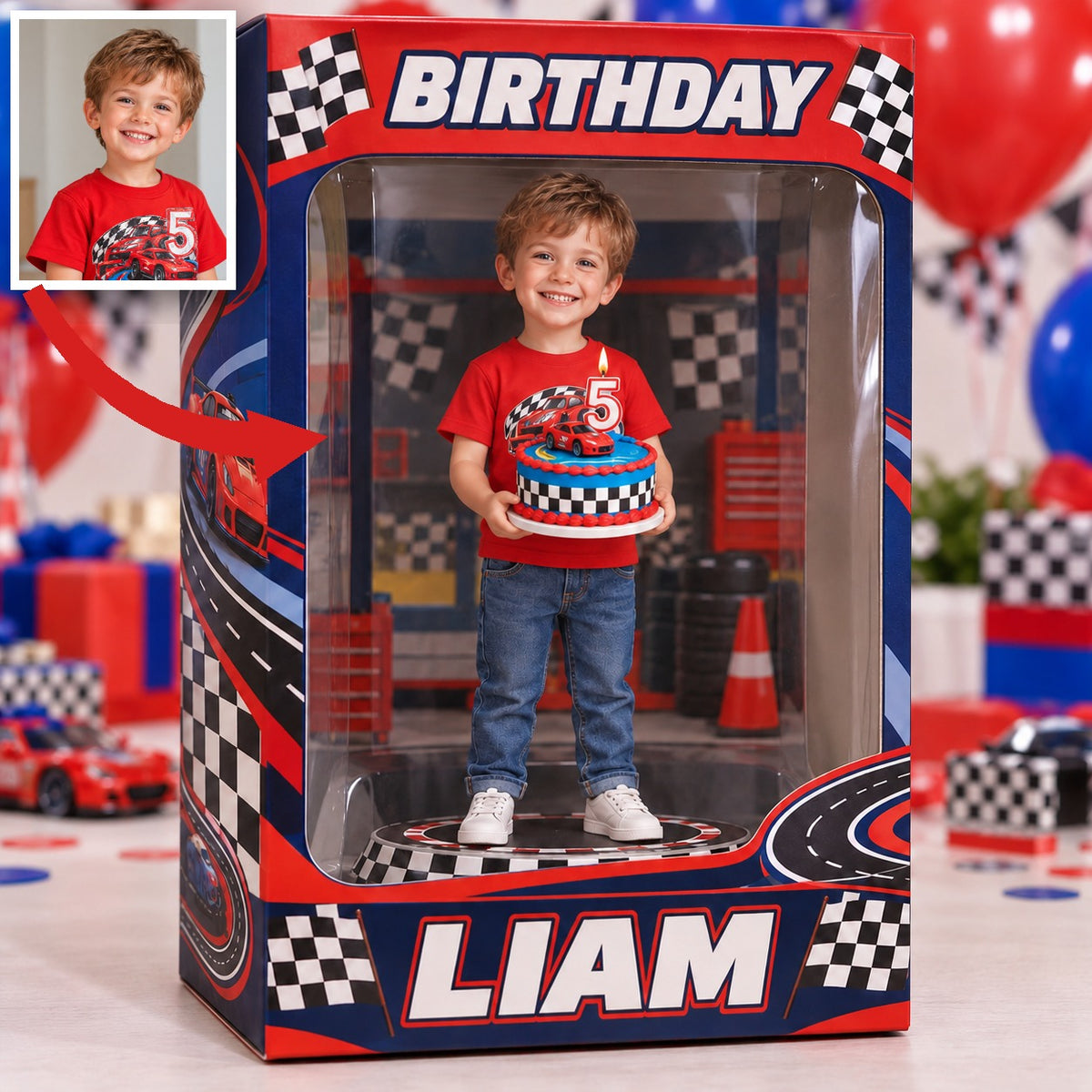 Personalisierte Foto-Rennwagen Acryl-Displaybox - 5. Geburtstag Geschenk für Jungen