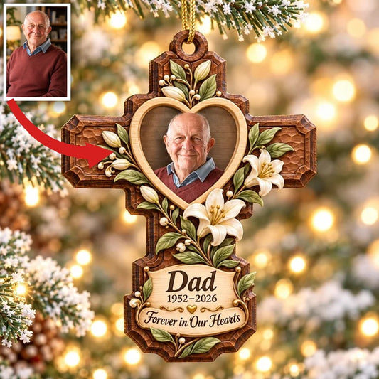 Personalized Custom Photo Dad Memorial Cross Layered Wood Ornament - Christmas Remembrance Keepsake
