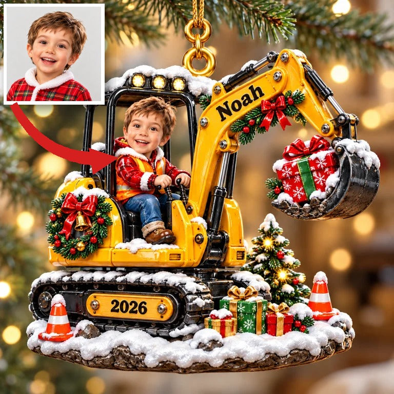 Personalized Custom Photo Excavator 3D Ornament - 2026 Christmas Gift for Boys