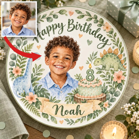 Personalized Dinosaur Birthday Ceramic Plate - Watercolor Portrait, Custom Name and Age