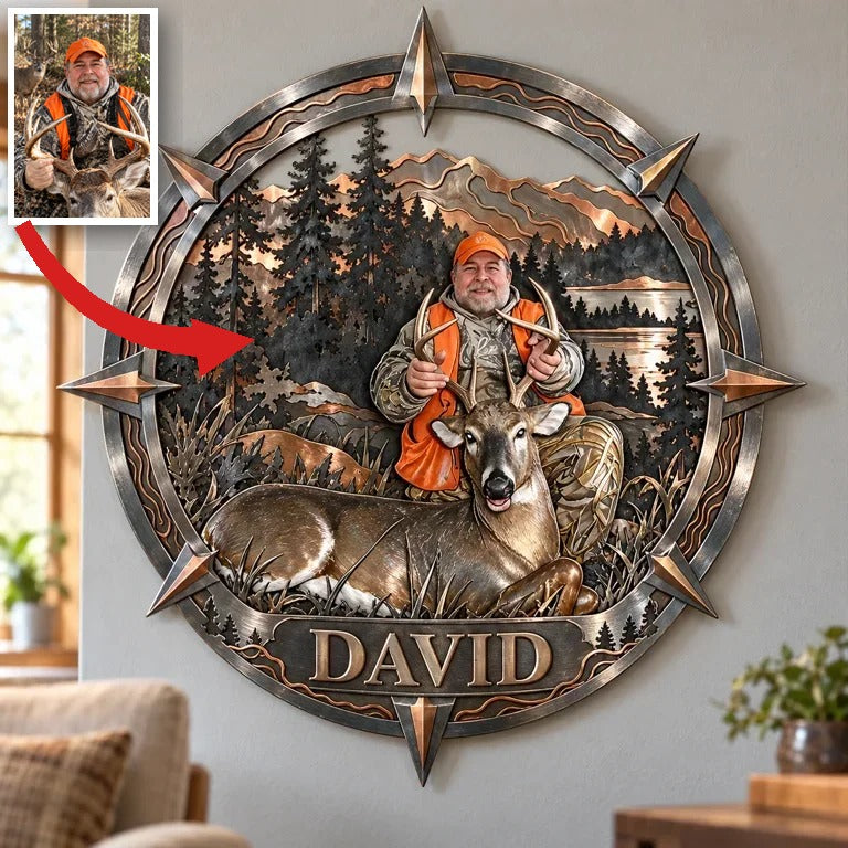 Personalized Custom Photo Deer Hunting 3D Metal Wall Art - Compass Frame Gift for Older Men