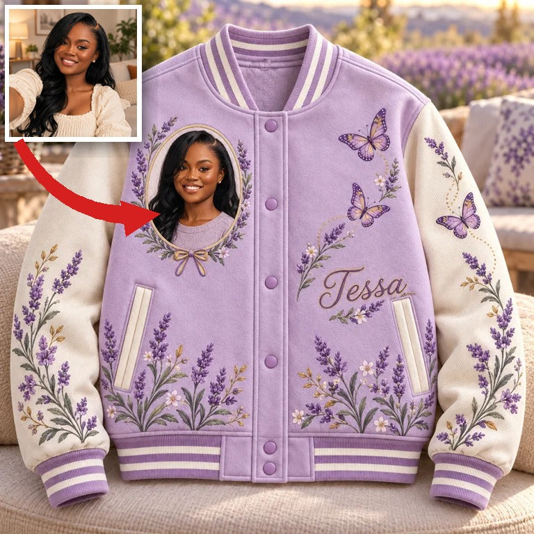 Personalized Butterfly Varsity Jacket - Women's Lavender Portrait Design