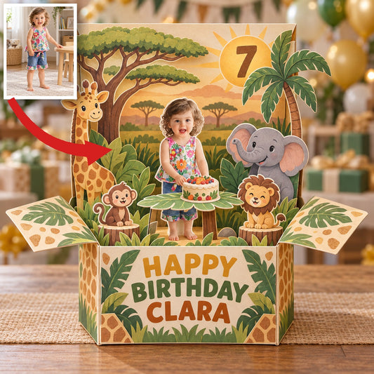 Personalized Safari Birthday Pop Up Box Card - Custom Photo, Name and Age Keepsake