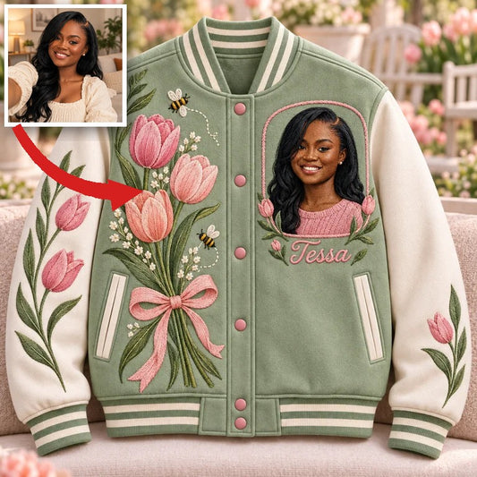 Personalized Tulip Bow Varsity Jacket - Women's Birthday Gift with Portrait and Name