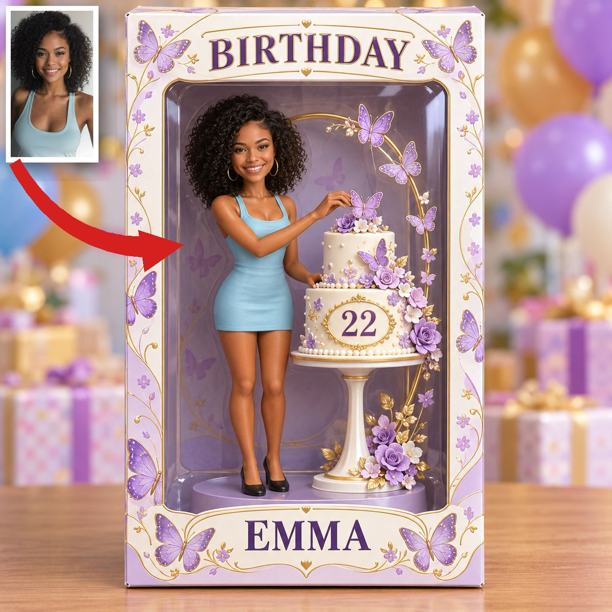 Personalized Birthday Display Box - Portrait Figurine with Butterfly Cake, Name and Age