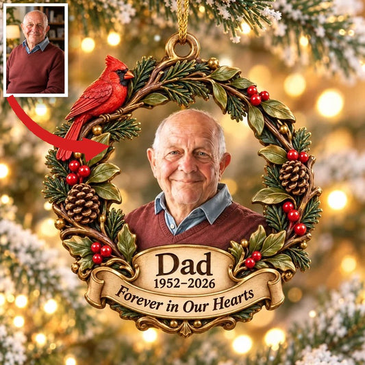 Personalized Custom Photo Dad Memorial Cardinal Wreath 3D Ornament - Christmas Remembrance Keepsake