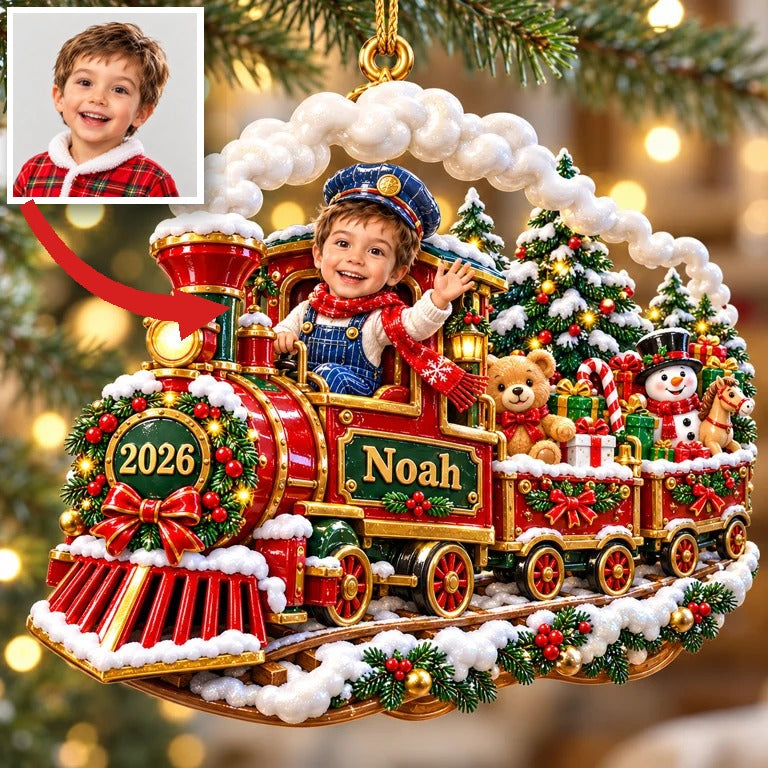 Personalized Custom Photo Train 3D Ornament - 2026 Christmas Gift for Boys