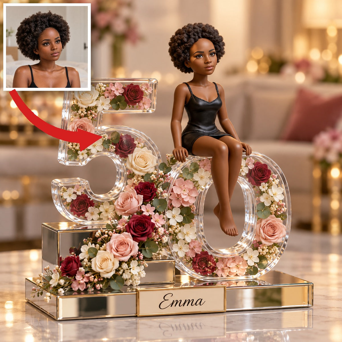 Personalized Custom Photo Rose Acrylic Number Figurine Display - 50th Birthday Gift for Women