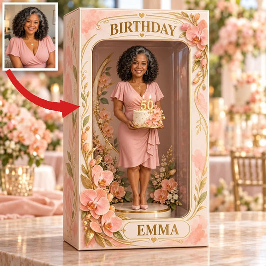 Personalisierte Foto-Pfirsich-Orchidee Figurine in Acryl-Displaybox - 50. Geburtstagsgeschenk für Frauen