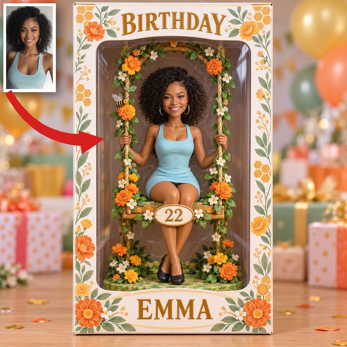 Personalized Floral Swing Display Box - Birthday Portrait Figurine with Name and Age