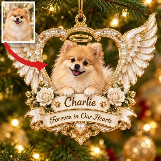 Personalized Custom Photo Pomeranian Memorial 3D Angel Wings Heart Ornament - Christmas Dog Lover Gift