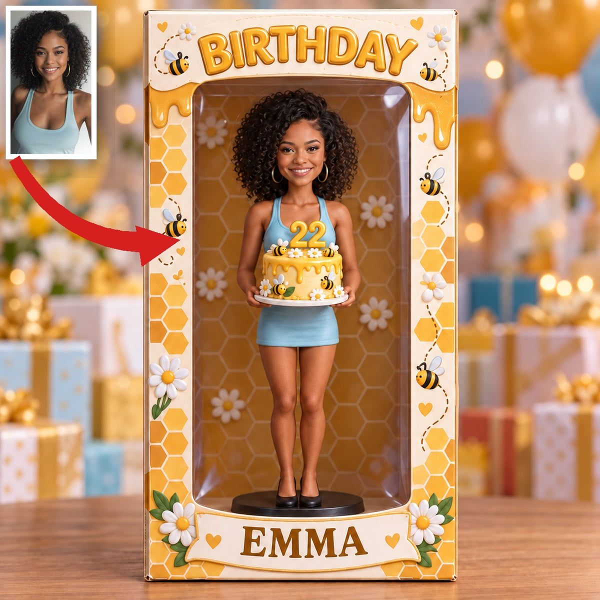 Personalized Birthday Display Box - Portrait Figurine, Bee Cake, Name and Age