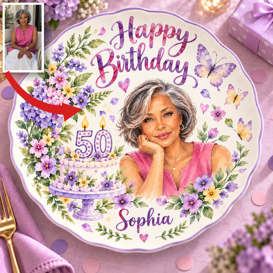 Personalized Birthday Ceramic Round Plate - Scalloped Purple Floral Portrait, Custom Name and Age