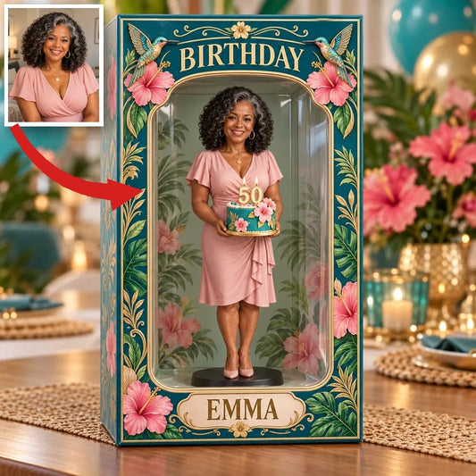 Personalisierte Foto-Tropenhibiskus-Figurine in Acryl-Displaybox - 50. Geburtstagsgeschenk für Frauen