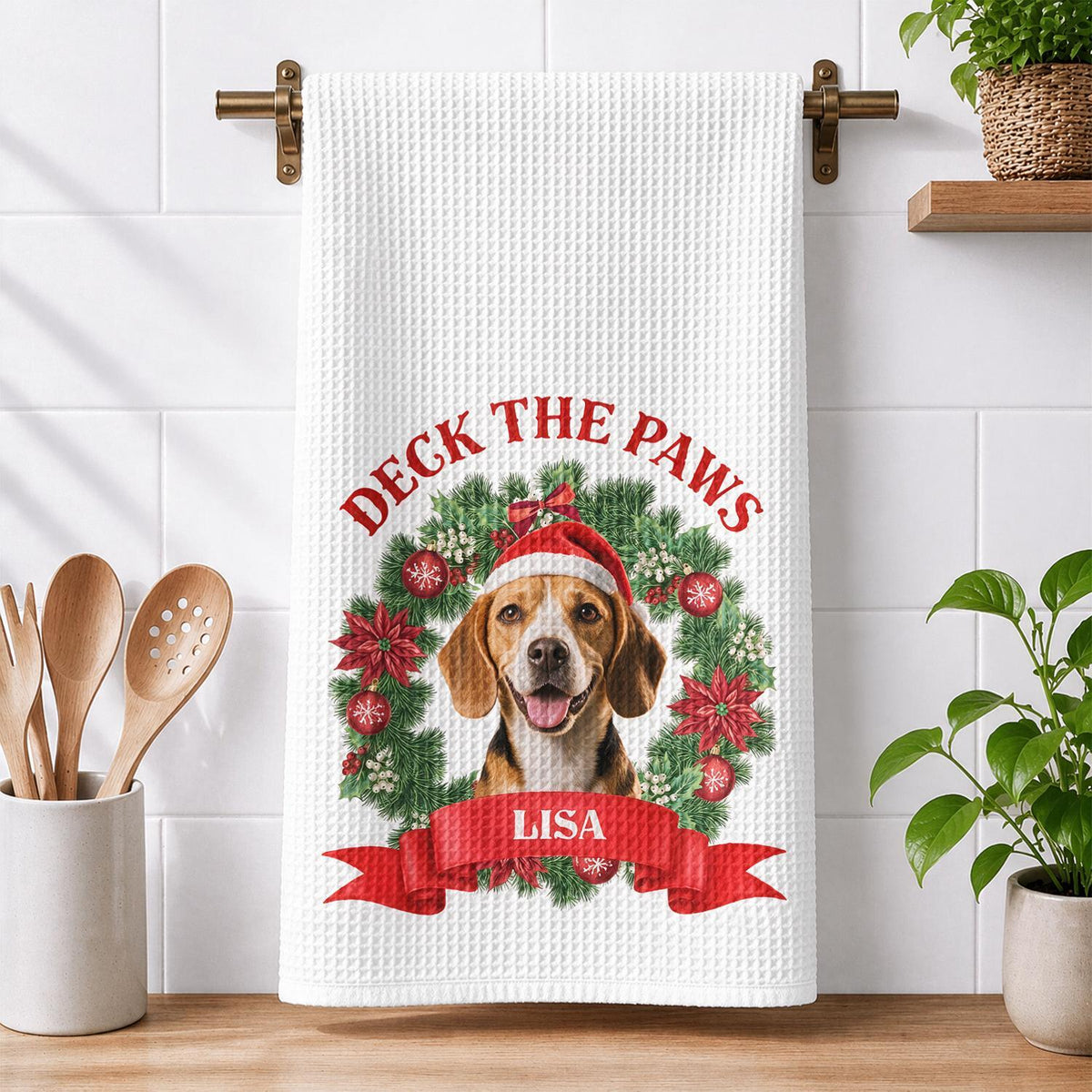 Personalized Christmas Beagle Kitchen Towel - Deck The Paws Dog Mom Holiday Gift