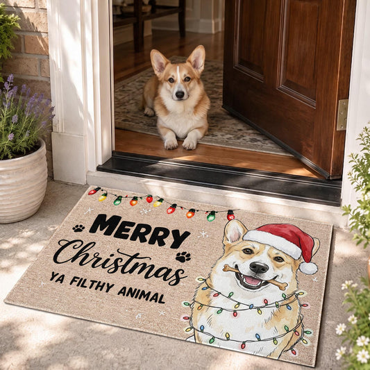 Custom Photo Christmas Smiling Corgi With Santa Hat Doormat, Merry Christmas Ya Filthy Animal