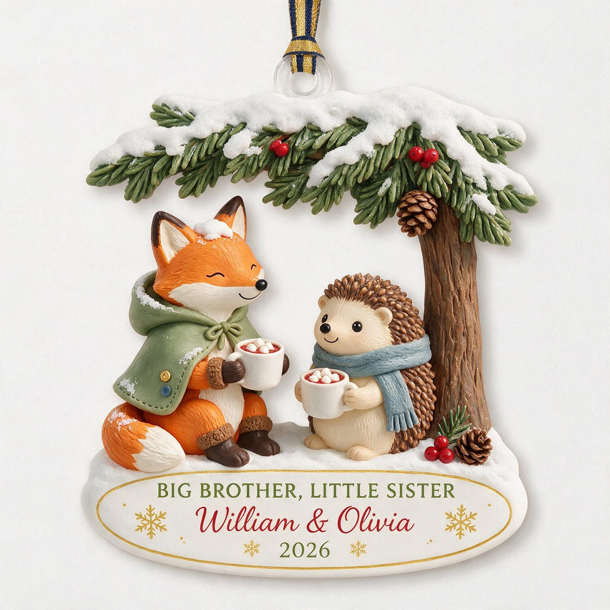 Personalized Christmas Big Brother Little Sister Woodland Fox & Hedgehog Acrylic Ornament Keepsake