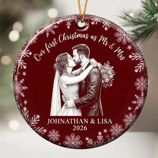 Personalized Our First Christmas as Mr & Mrs Wedding Couple Line Art Ornament, Newlywed Holiday Gift