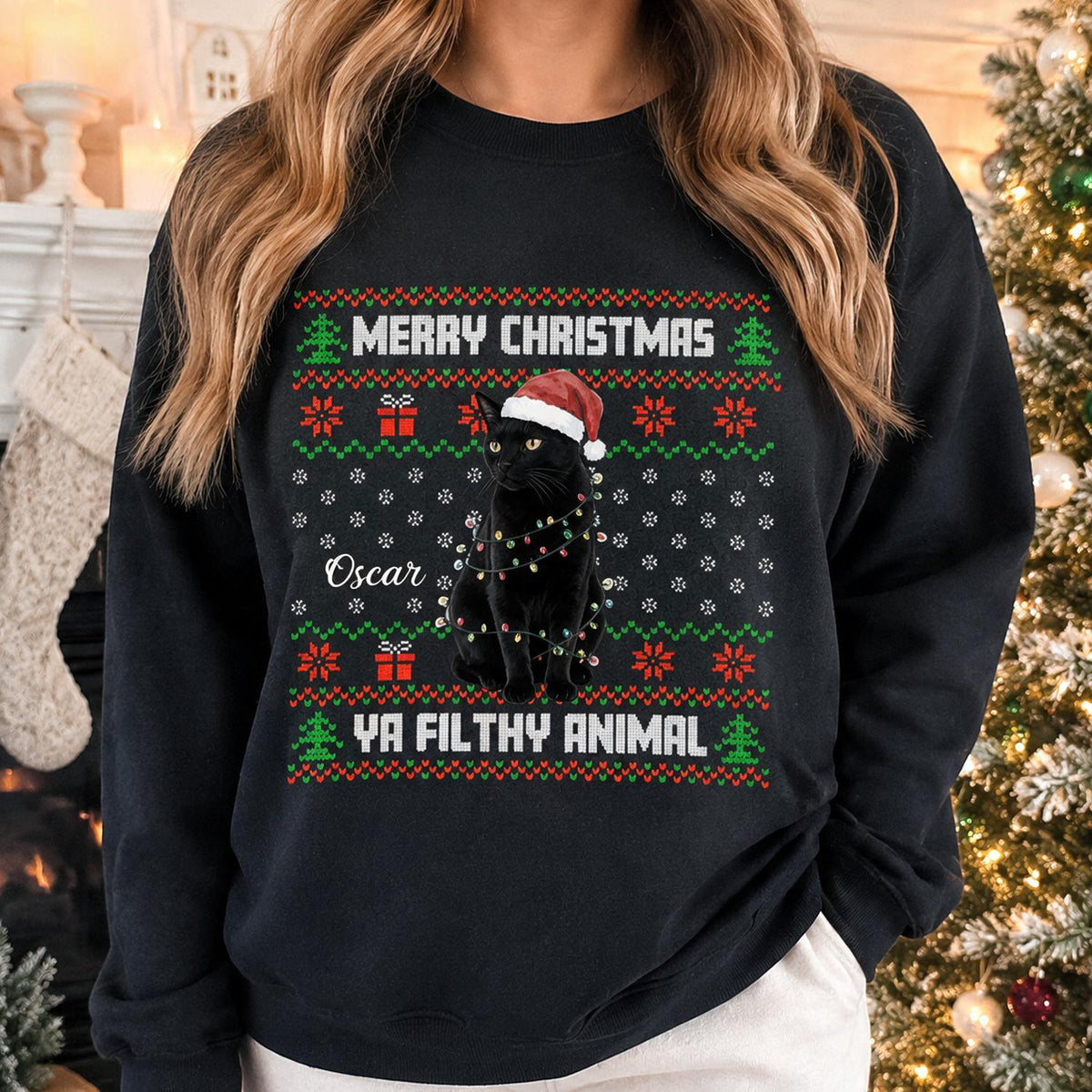 Personalisierter Weihnachts-Sweatshirt mit schwarzer Katze, Geschenk für Katzenliebhaber
