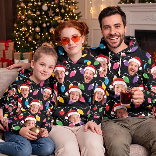 Custom Photo Christmas Family Face Print Fleece Hoodie, Funny Xmas Party Gift