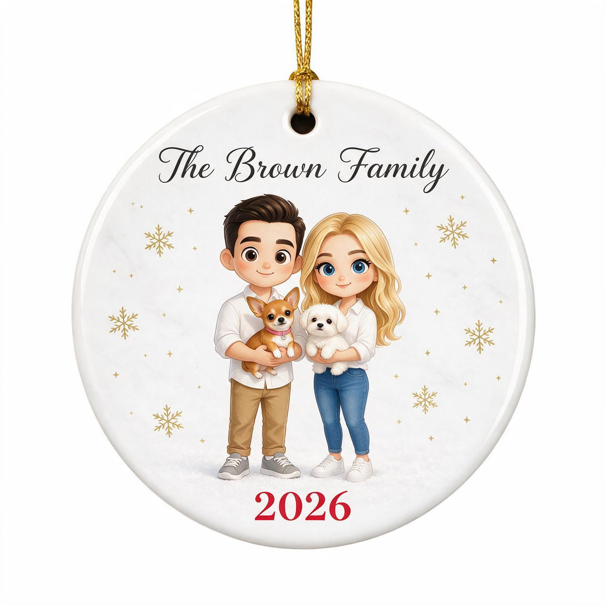 Personalized Christmas Family & Pet Cartoon Portrait Ceramic Ornament Keepsake