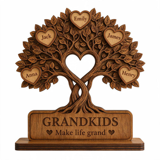 Personalisierte Familienbaum Herz Holztafel - Enkelkinder machen das Leben großartig Erinnerungsgeschenk für Großeltern