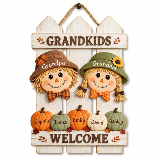Personalisierte Herbst-Scheuche Großeltern Willkommen Holzschild, Enkelkind Geschenk