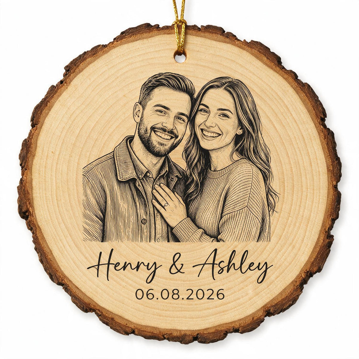 Sketch Style Couple Forever Love Custom Photo - Personalized Wooden Ornament - Christmas Gift, Anniversary Gift For Couple
