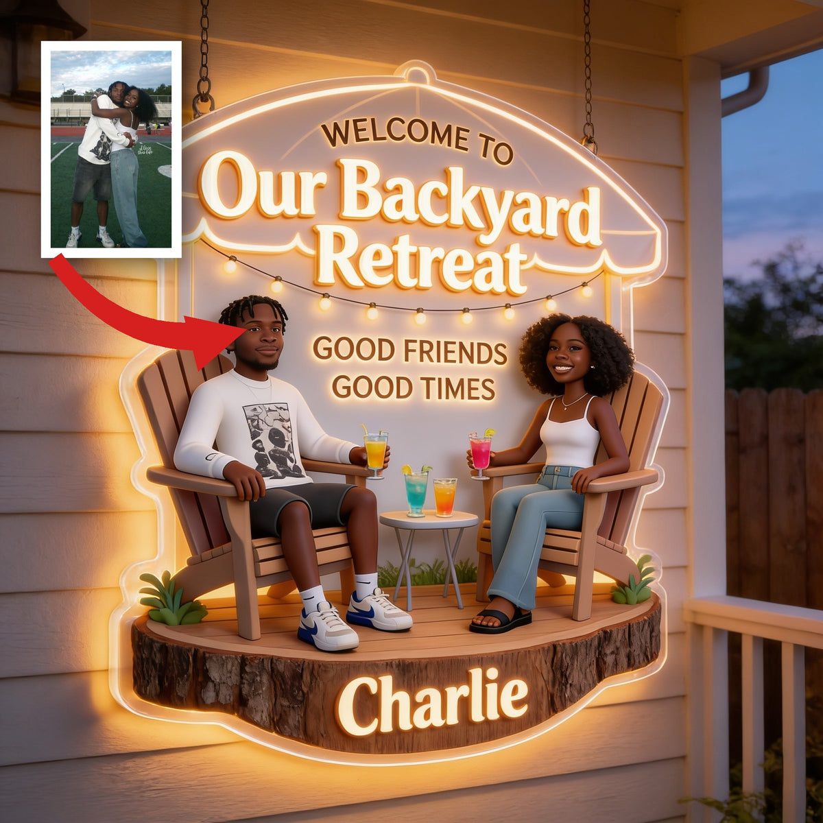 Personalized Black Couple Backyard Patio LED Acrylic Sign Home Decor