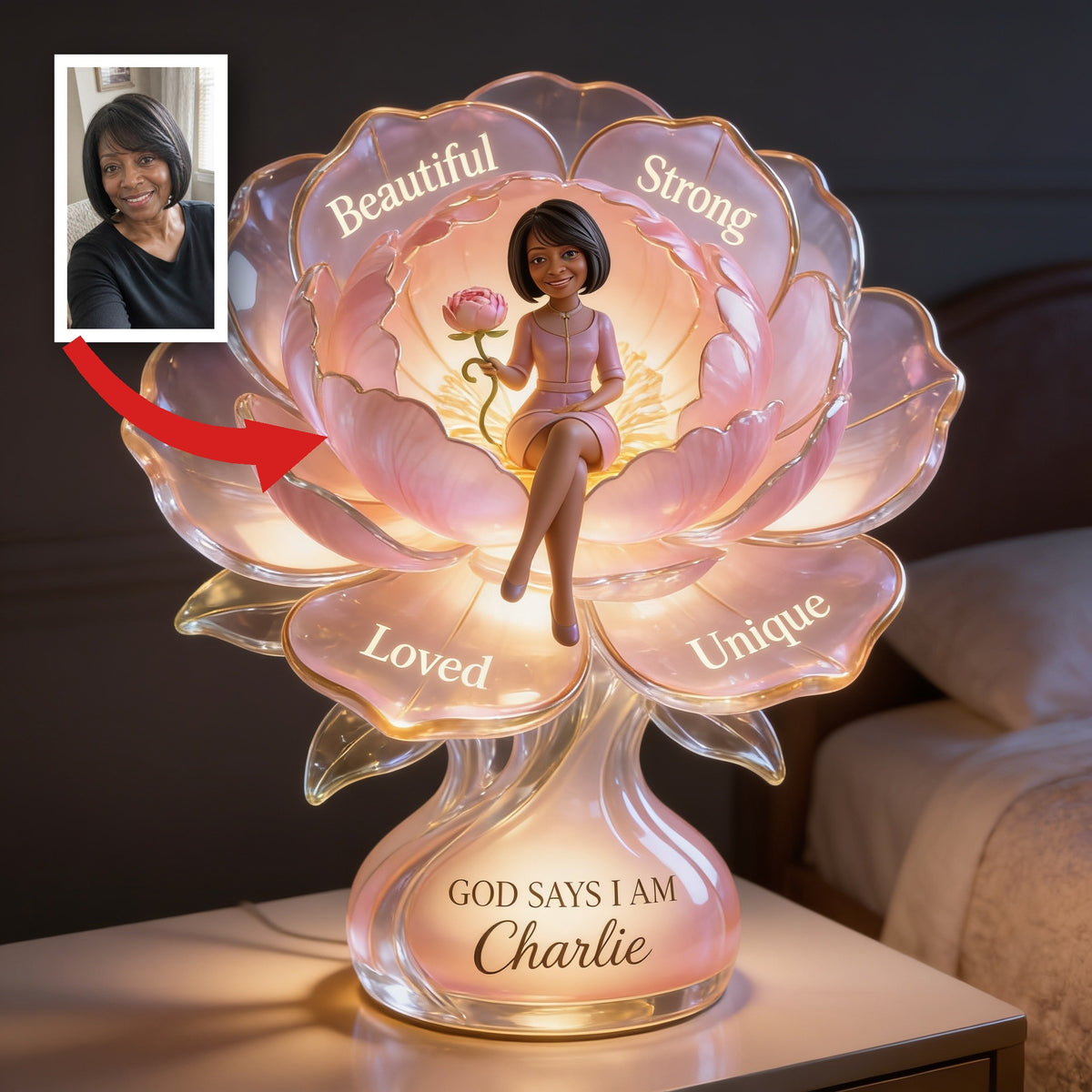 Personalized Middle-Aged Black Woman Acrylic LED Night Light Self Love Gift