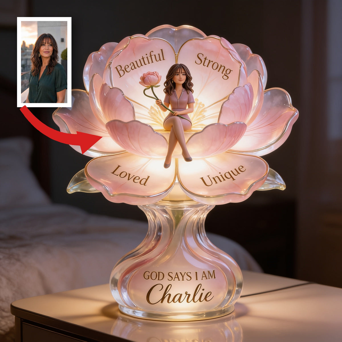 Personalized Middle-Aged Latina Woman Flower Acrylic LED Night Light Self Love Gift