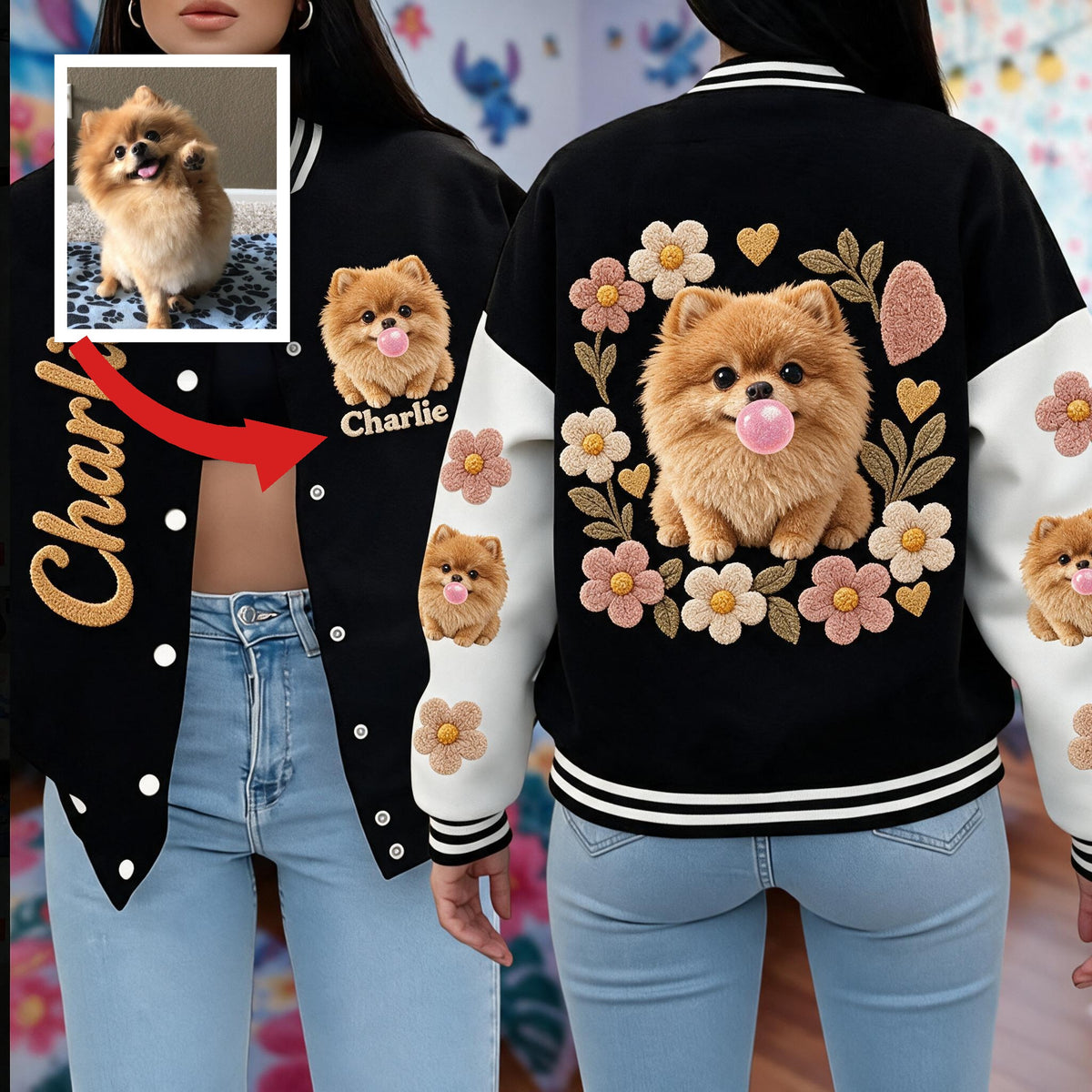 Personalized Fluffy Golden Tan Pomeranian Varsity Jacket Dog Lover Gift