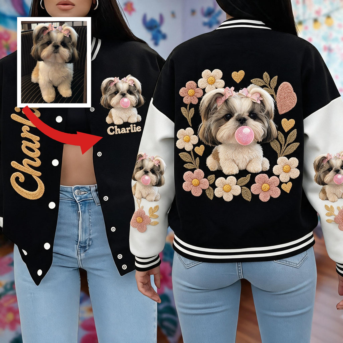 Personalized Fluffy Shih Tzu Varsity Jacket Dog Lover Casual Outerwear