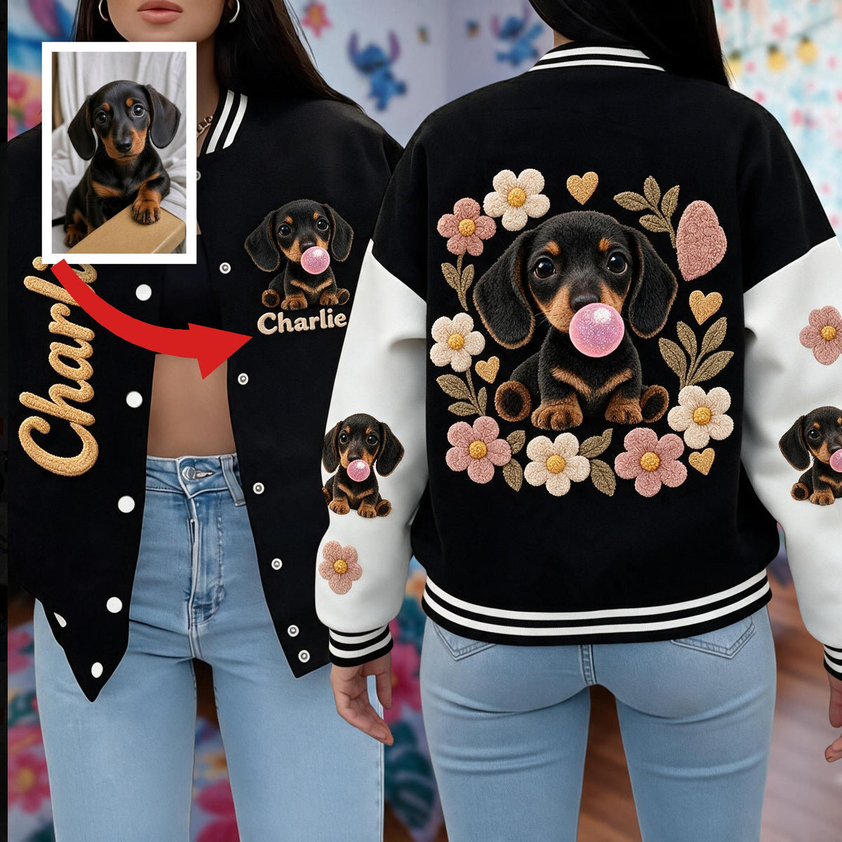 Personalized Black and Tan Dachshund Puppy Varsity Jacket Dog Lover Gift