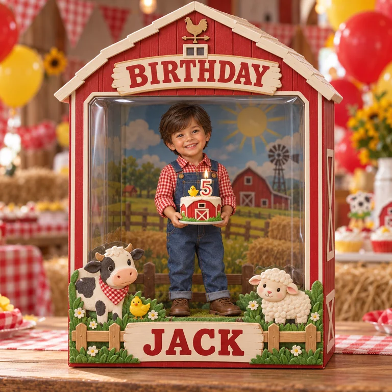 Personalized Custom Photo Farm Acrylic Display Box - 5th Birthday Gift for Boys