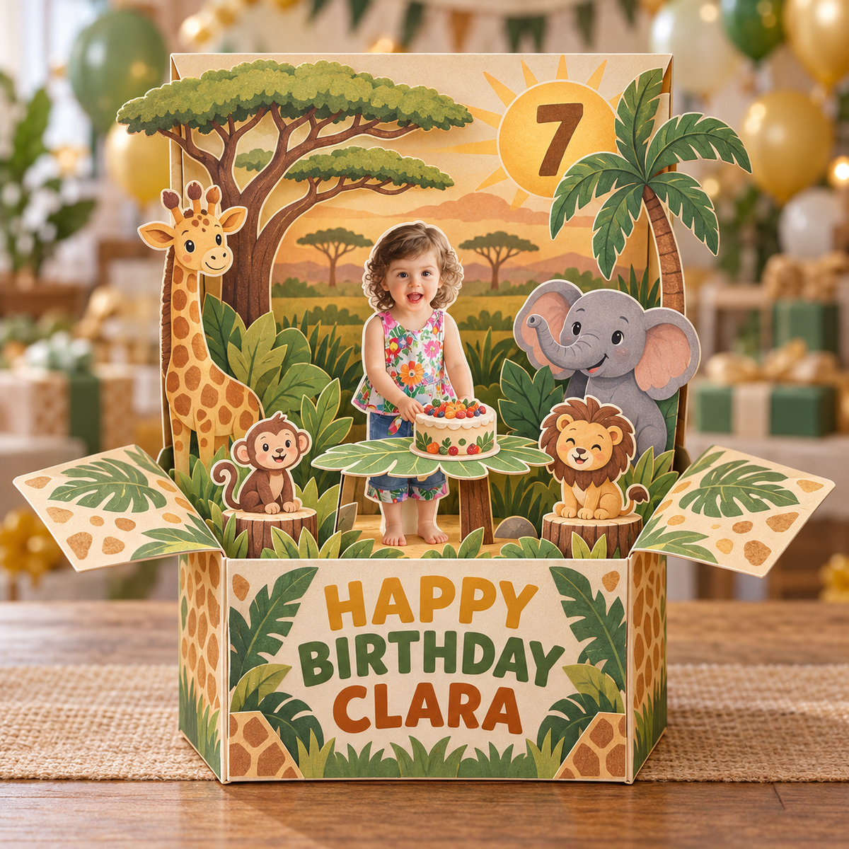 Personalized Safari Birthday Pop Up Box Card - Custom Photo, Name and Age Keepsake