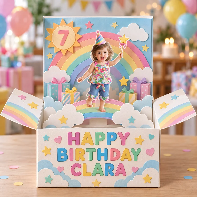 Personalized Birthday Rainbow Pop-Up Box Card with Custom Photo, Name and Age