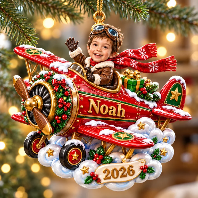 Personalized Custom Photo Airplane 3D Ornament - 2026 Christmas Gift for Boys