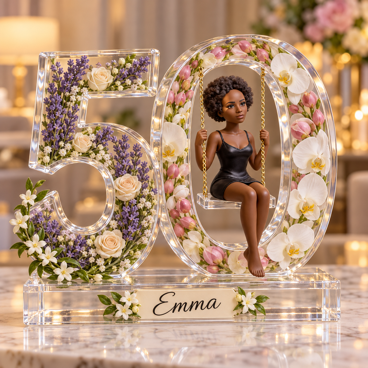 Personalized Custom Photo Floral Swing Acrylic Number Figurine Display - 50th Birthday Gift for Women