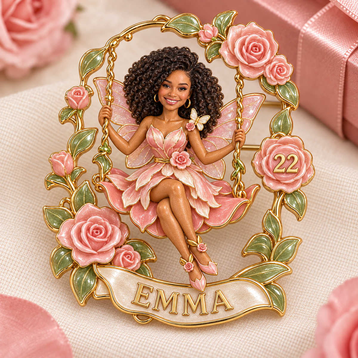 Personalized Birthday Fairy Brooch - Rose Swing, Portrait, Name and Age