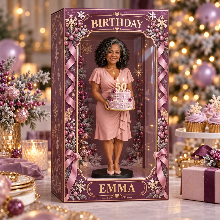 Personalized Custom Photo Winter Snowflake Figurine in Acrylic Display Box - 50th Birthday Gift for Women